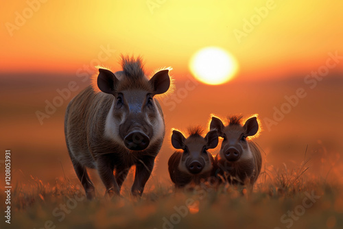 African Bush Pigs at Sunset: A Captivating Wildlife Portrait photo