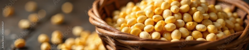 Raw soya beans in a woven basket with other grains, grain, natural, soybeans Raw soya beans in a woven basket with other grains, grain, natural, soybeans