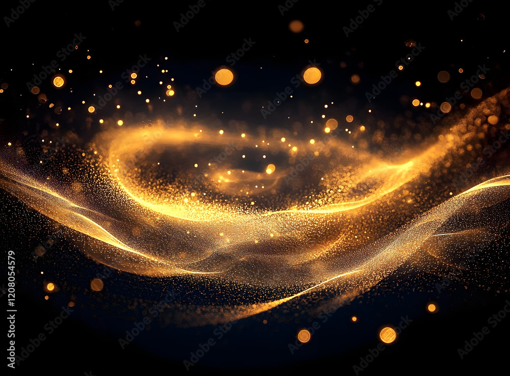 Obraz premium A mesmerizing swirl of golden particles shimmers in the dark, creating a magical, ethereal glow. The depth and texture evoke a sense of wonder.