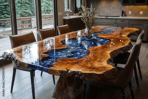 artisancrafted dining table with blue epoxy river inlay live edge walnut crystalline patterns polished to mirror finish photo