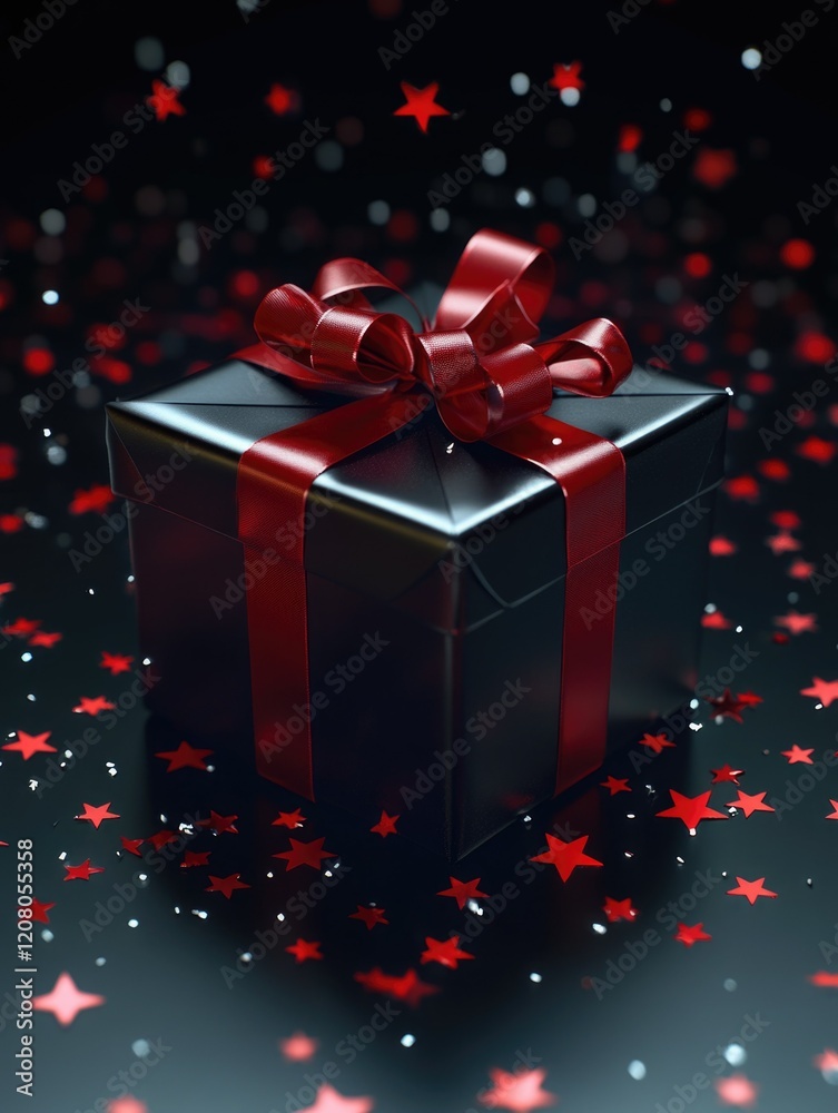 Gift Box with Red Ribbon and Stars - Festive Gift Present Idea Gift Box with Red Ribbon and Stars - Festive Gift Present Idea