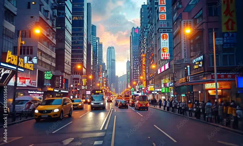 A vibrant city street at sunset, bustling with traffic and illuminated signs. A vibrant city street at sunset, bustling with traffic and illuminated signs.