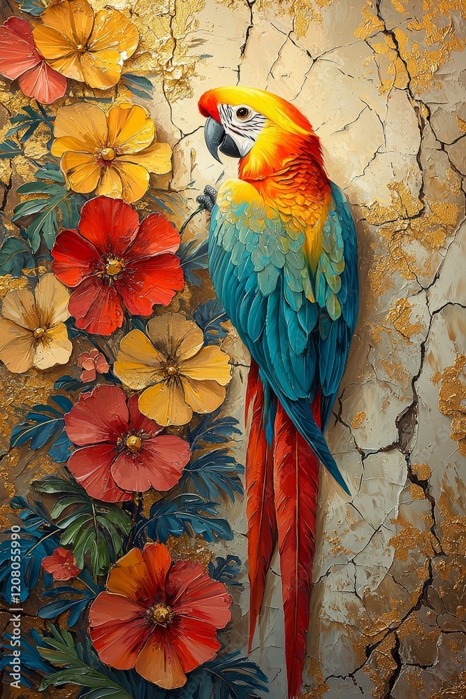 Fototapeta premium Vibrant macaw bird among colorful flowers decorative art artistic environment close-up view nature's beauty