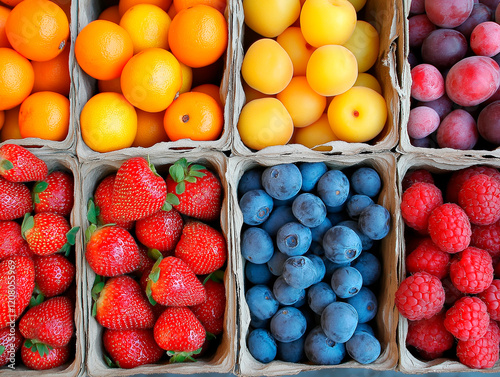 Assortment of Fresh Berries and Small Yellow Plums in Cardboard Containers at a Farmers Market, Overhead View.