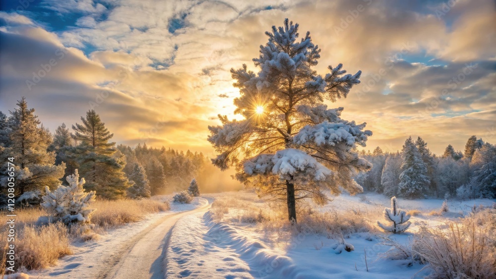 Winter wonderland sunrise scene along a snowy path