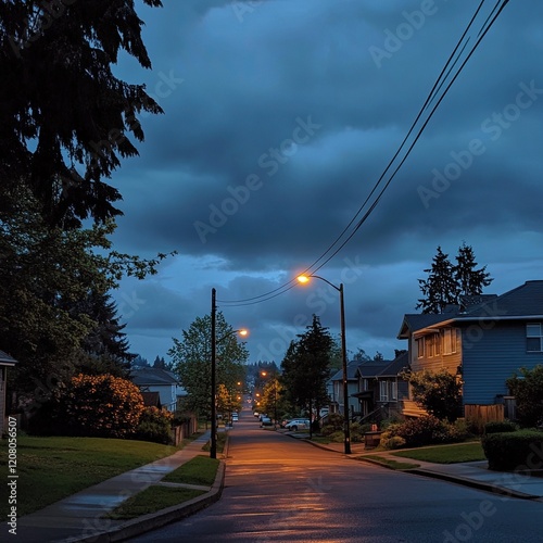 Dusk settling over a quiet residential neighborhood. 