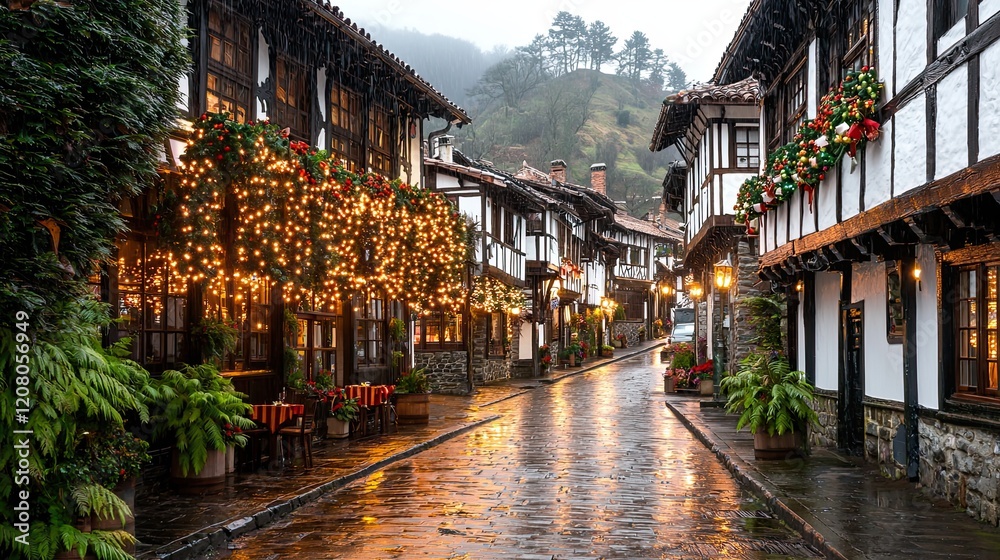 Obraz premium Festive street lights charming village night rainy
