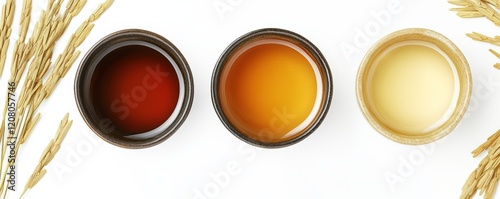 Japanese rice vinegar, top view, realistic liquid, isolated on white background