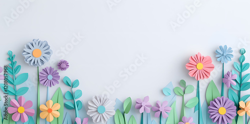 Framework for congratulation with different colored blossoms flowers, in paper cut style