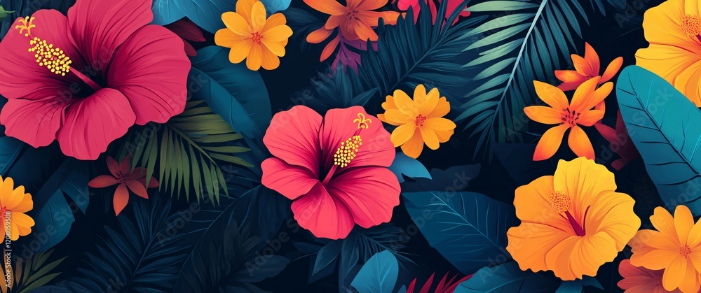 Vibrant tropical floral pattern with hibiscus and exotic leaves Vibrant tropical floral pattern with hibiscus and exotic leaves