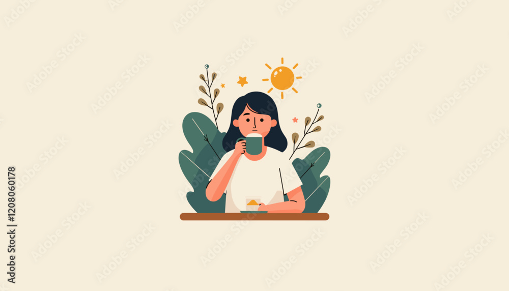 Illustration of a woman sipping a drink surrounded by plants and sunshine Illustration of a woman sipping a drink surrounded by plants and sunshine