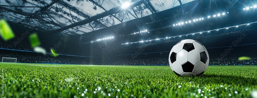 Naklejka premium Soccer match action stadium sports photography rainy environment ground level view team spirit concept