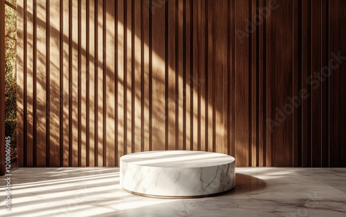 A minimal and modern background with a wooden wall, featuring a white round pedestal in the center of an empty space