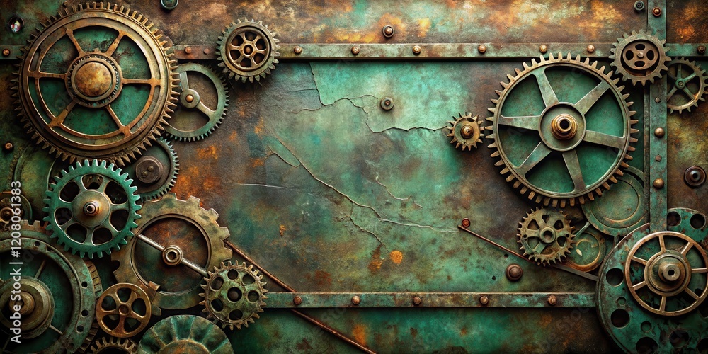 Intricate Aged Metal Gear System on Weathered Surface