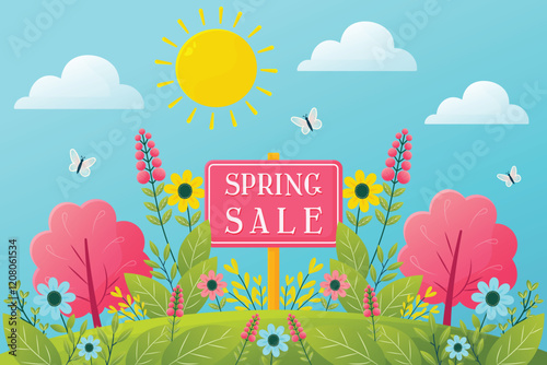 sunny spring day with spring sale transparent flat illustration