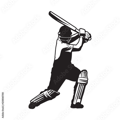 Cricket player silhouette, batting stance vector art illustration 