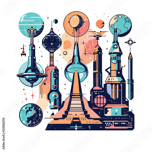 a graphic illustration of a city with various buildings