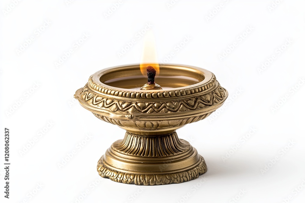 A glowing oil lamp symbolizing Diwali, centered on a white background with space for text A glowing oil lamp symbolizing Diwali, centered on a white background with space for text