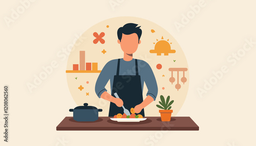 Illustration of a man cooking and plating food in the kitchen with plants and a sunny background