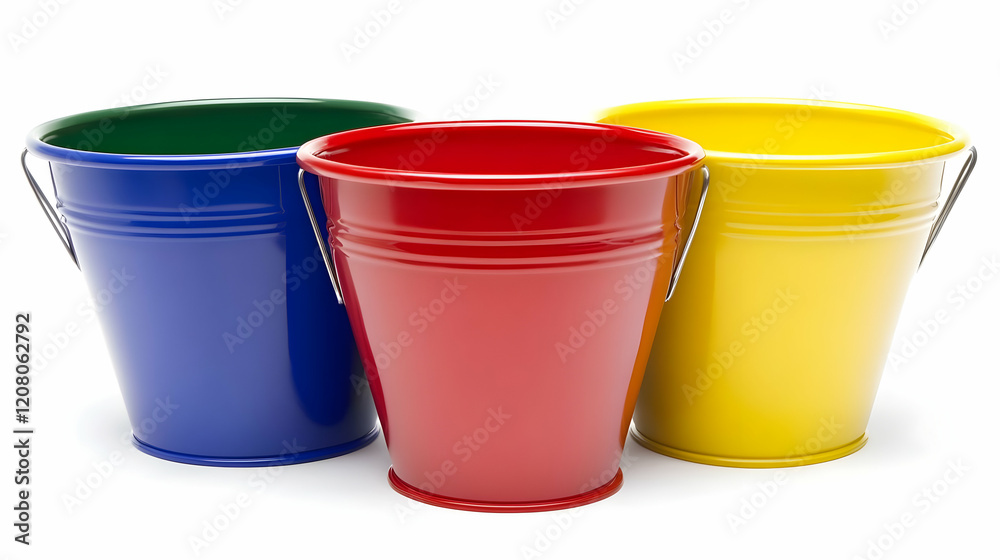 Colorful metal buckets, studio shot, white background, toy storage Colorful metal buckets, studio shot, white background, toy storage