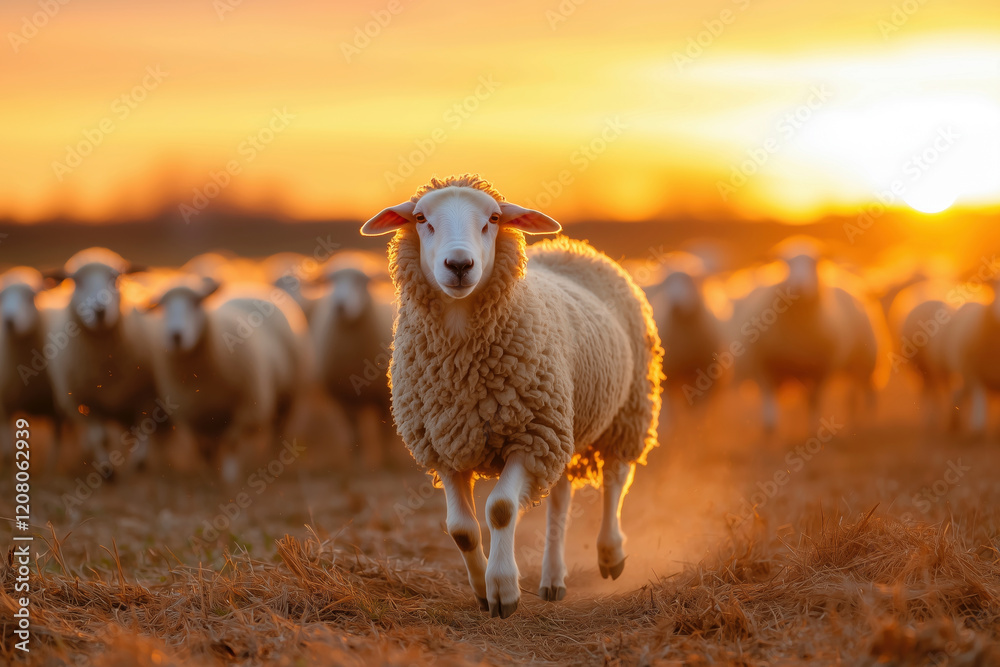Golden Hour Majesty: A Sheep's Graceful Run Through the Flock at Sunset Golden Hour Majesty: A Sheep's Graceful Run Through the Flock at Sunset