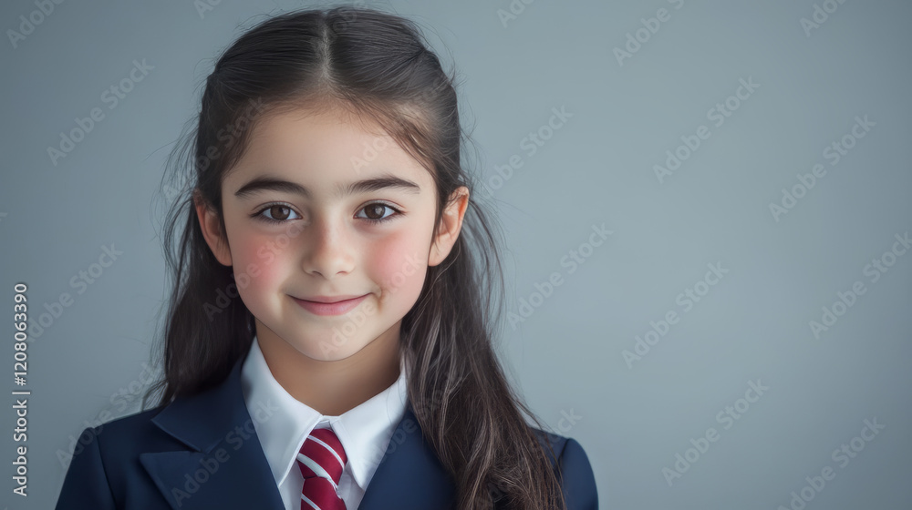 young girl with medium-length dark hair, wearing a navy school blazer and a red-and-white striped tie, smiling slightly. young girl with medium-length dark hair, wearing a navy school blazer and a red-and-white striped tie, smiling slightly.