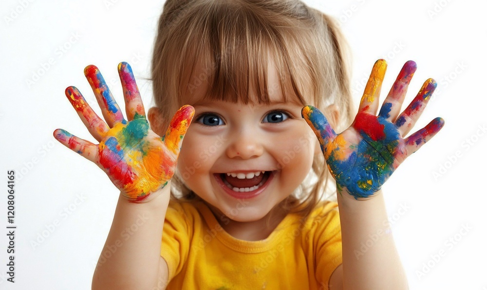 Happy toddler girl with colorful paint hands. Studio shot, white background Happy toddler girl with colorful paint hands. Studio shot, white background