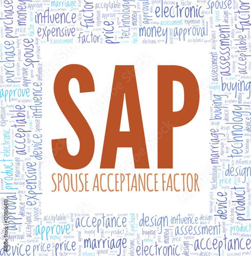 SAP - Spouse Acceptance Factor word cloud conceptual design isolated on white background.