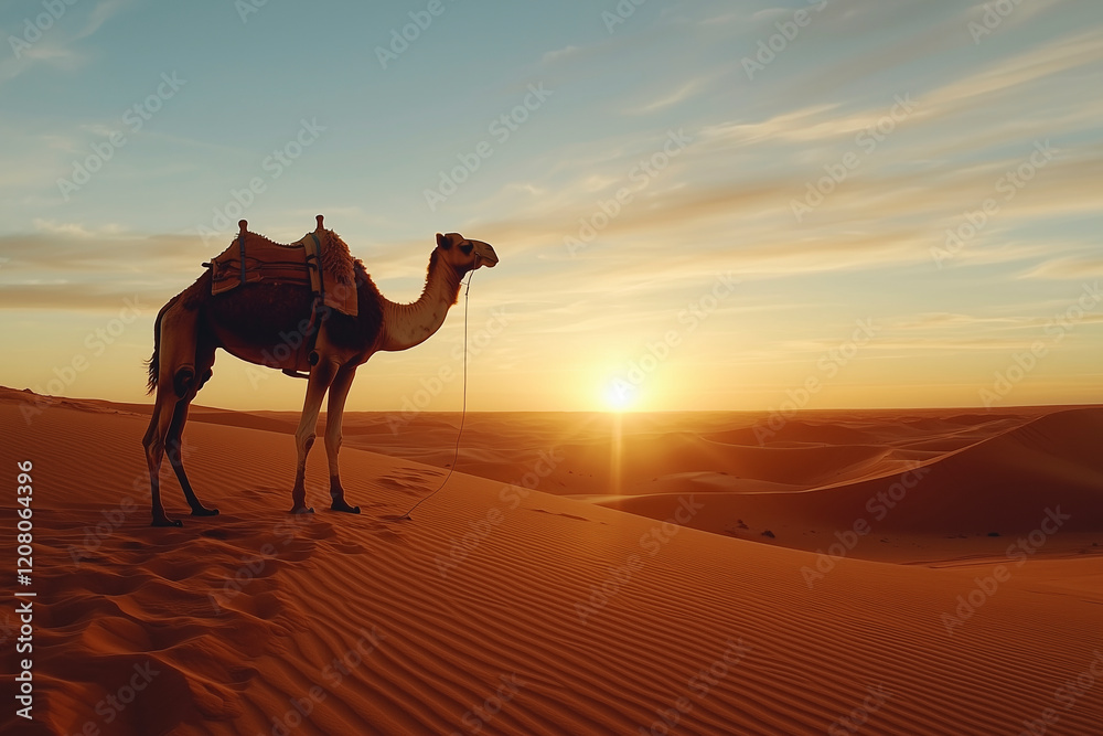 Camel Silhouette Against a Majestic Desert Sunset: A Journey Through the Golden Sands of the Sahara