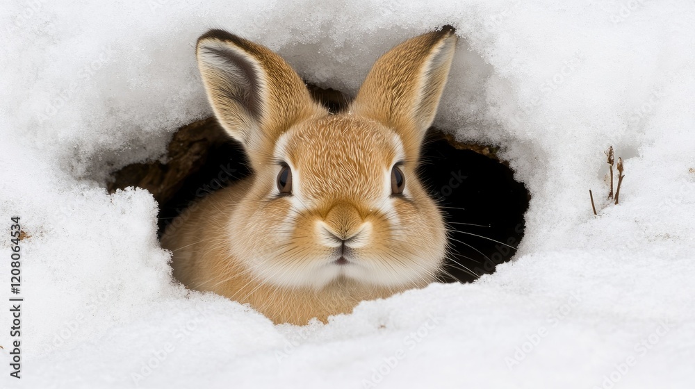 Cute rabbit peeking out of a snow-covered burrow in a winter landscape showcasing natural wildlife in its habitat Cute rabbit peeking out of a snow-covered burrow in a winter landscape showcasing natural wildlife in its habitat