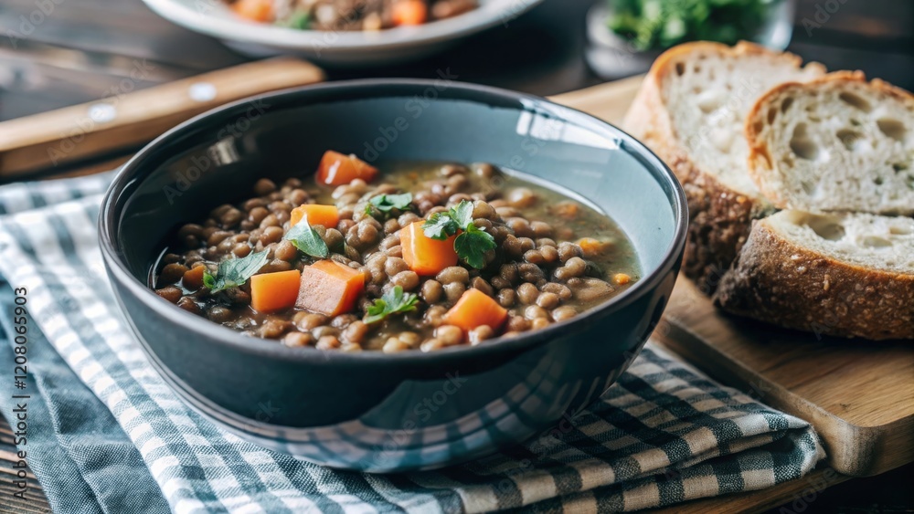 Savoring a warm bowl of lentil soup with crusty bread in a cozy kitchen setting Savoring a warm bowl of lentil soup with crusty bread in a cozy kitchen setting