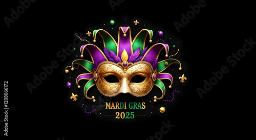 A detailed Mardi Gras mask with a jester hat design, fleur-de-lis symbols, beads, and 