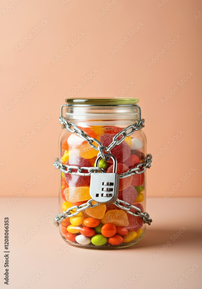 Jar of Colorful Candies Locked with Chain and Padlock Against Peach Background