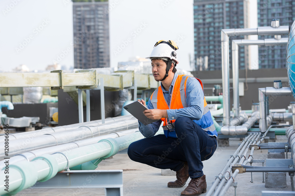 Male engineer work using digital tablet for checks or maintenance in sewer pipes area at construction site. Male plumber working in sewer pipes area at rooftop of building Male engineer work using digital tablet for checks or maintenance in sewer pipes area at construction site. Male plumber working in sewer pipes area at rooftop of building
