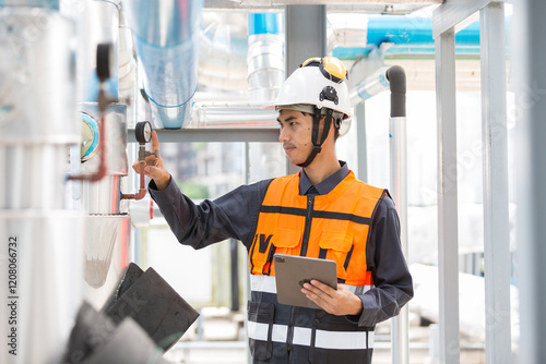 Male plumber working and checks water pipes system at rooftop of building. Asian male plumber maintenance water pipes network system on building rooftop