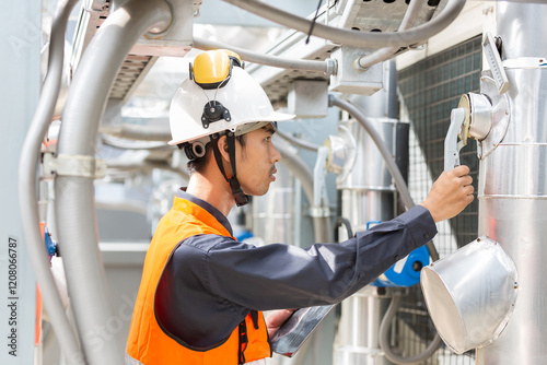 Male plumber working and checks water pipes system at rooftop of building. Asian male plumber maintenance water pipes network system on building rooftop