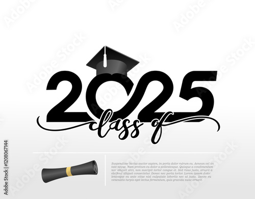 2025 Graduate class template logo with diploma and graduation cap. Vector on transparent background. Template for design, congratulation event, party, high school or college graduate.