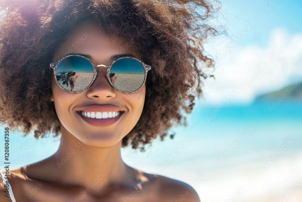 woman with curly hair is smiling and wearing sunglasses. She is standing on a beach, with the ocean in the background woman with curly hair is smiling and wearing sunglasses. She is standing on a beach, with the ocean in the background