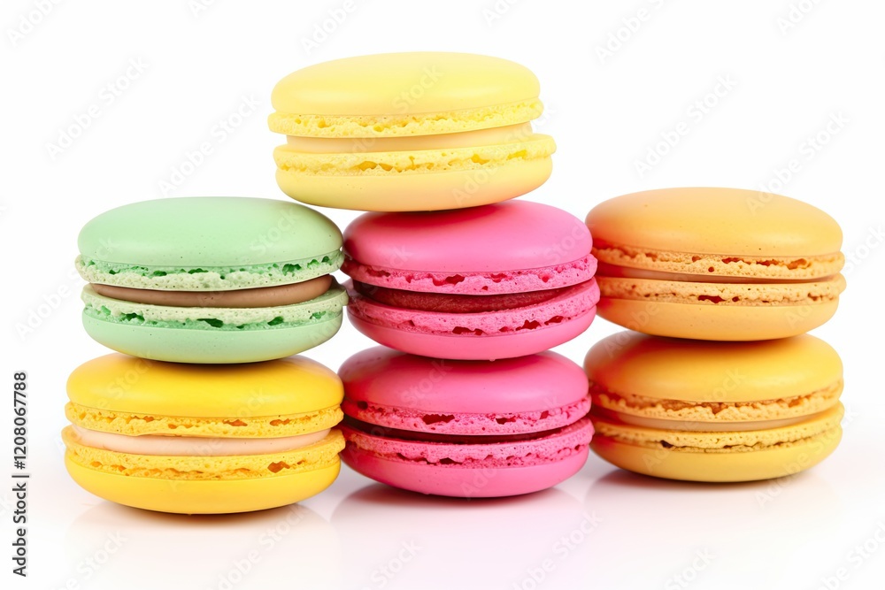 Assorted Macaron Cookies in Vibrant Pink, Yellow and Green Colours on White Background - Perfect for Confections, Biscuits, Cakes and Hot Drinks Assorted Macaron Cookies in Vibrant Pink, Yellow and Green Colours on White Background - Perfect for Confections, Biscuits, Cakes and Hot Drinks
