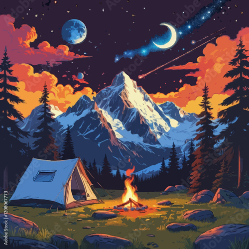 A surreal camping scene under a vibrant night sky, with a shooting star streaking across the horizon, illuminating a mountain range bathed in moonlight