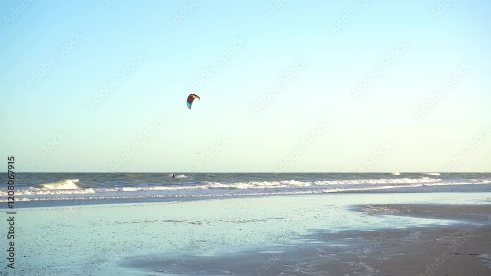 Kite surfer riding the waves during a stunning sunset on an Argentine Kite surfer riding the waves during a stunning sunset on an Argentine