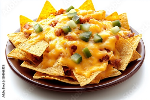Delicious Plate of Nachos with Melted Cheese, Diced Green Peppers, and Salsa on a Brown Plate