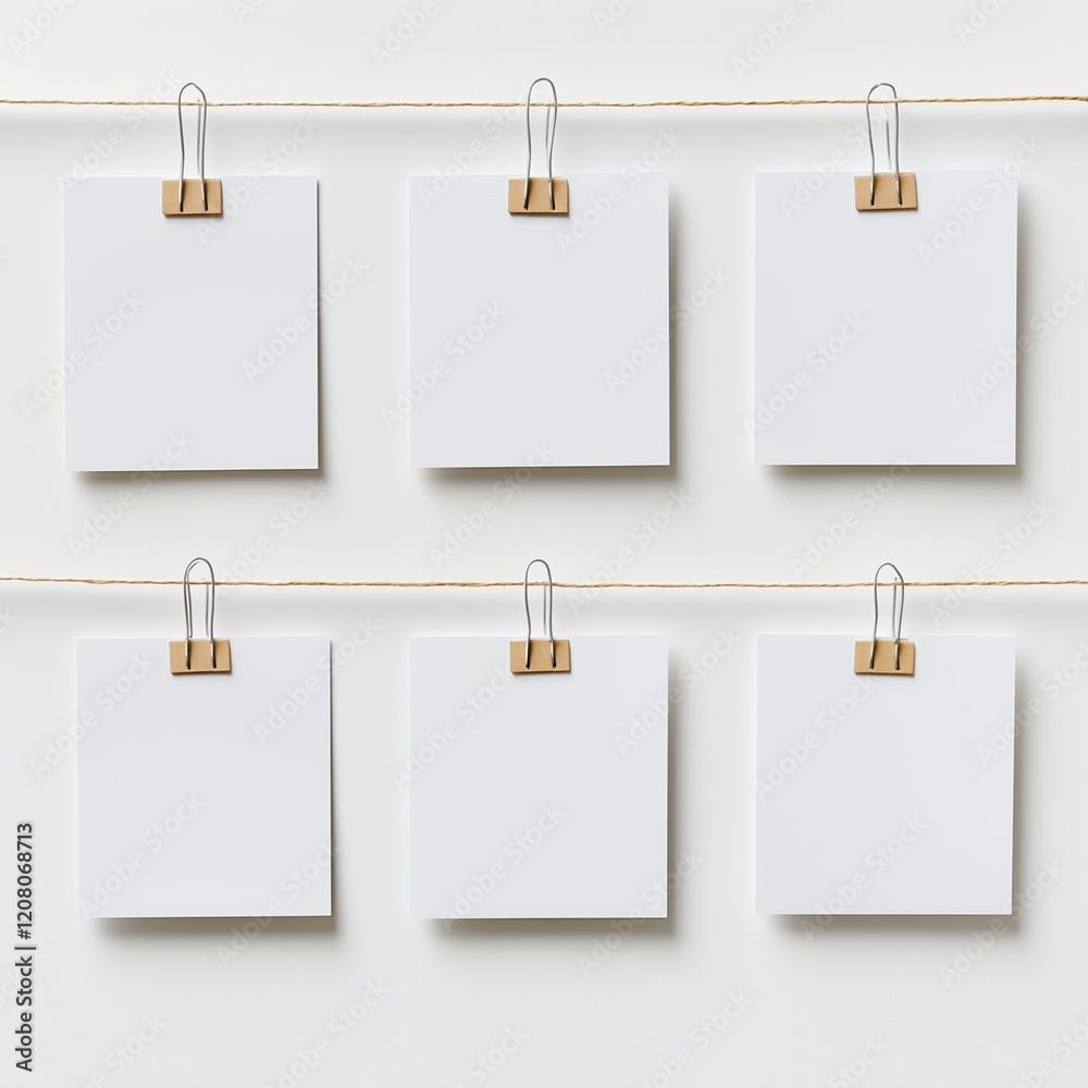Six Blank Square Papers Clipped to a String with Binder Clips. Six Blank Square Papers Clipped to a String with Binder Clips.