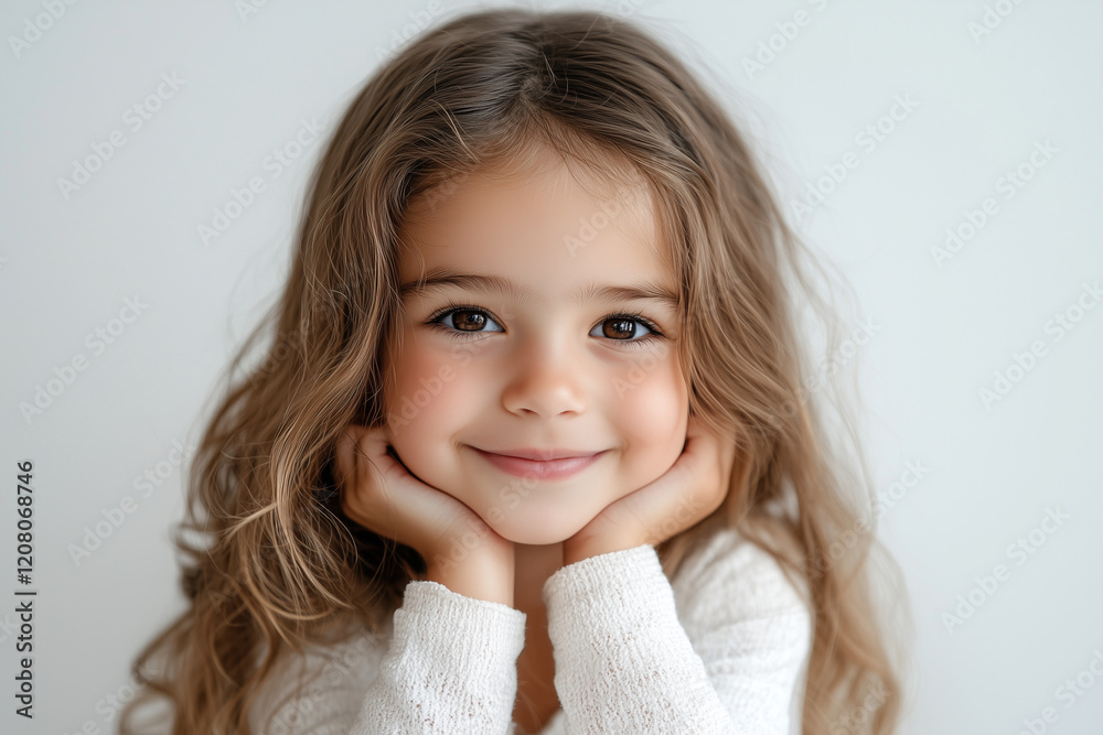 young girl with long brown hair is smiling and looking at the camera. She is wearing a white shirt and is holding her hands together. Concept of innocence and happiness young girl with long brown hair is smiling and looking at the camera. She is wearing a white shirt and is holding her hands together. Concept of innocence and happiness