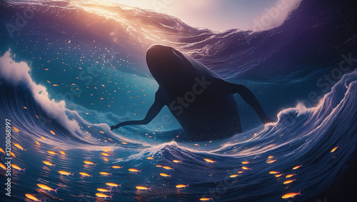 Enigmatic Ocean Scene with Bioluminescent Fish Illuminating the Shadow of a Giant Marine Creature Beneath the Waves photo