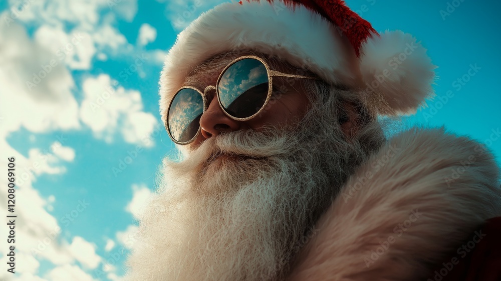 santa claus sitting on the chair with a tropical tree on the beach and looking at the sea