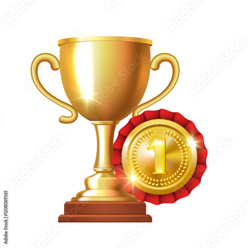 Golden cup and gold medal. Vector 3D clipart isolated on white background.