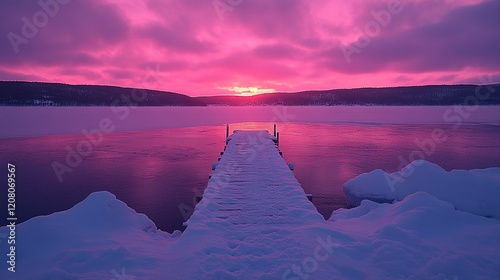 Fototapeta Naklejka Na Ścianę i Meble -  Snowy pier on frozen lake at vibrant pink sunset