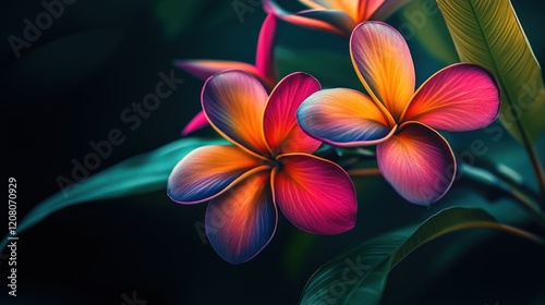 A vibrant image of a tropical flower with striking colors against a dark backdrop, creating a dramatic effect, fine art photography