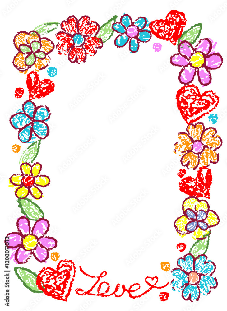 Cute girly funny square frame or vignette with blooming colorful flower. Like kids hand drawn border or background doodle teenager child style. Crayon, pastel chalk or pencil summer cartoon art banner